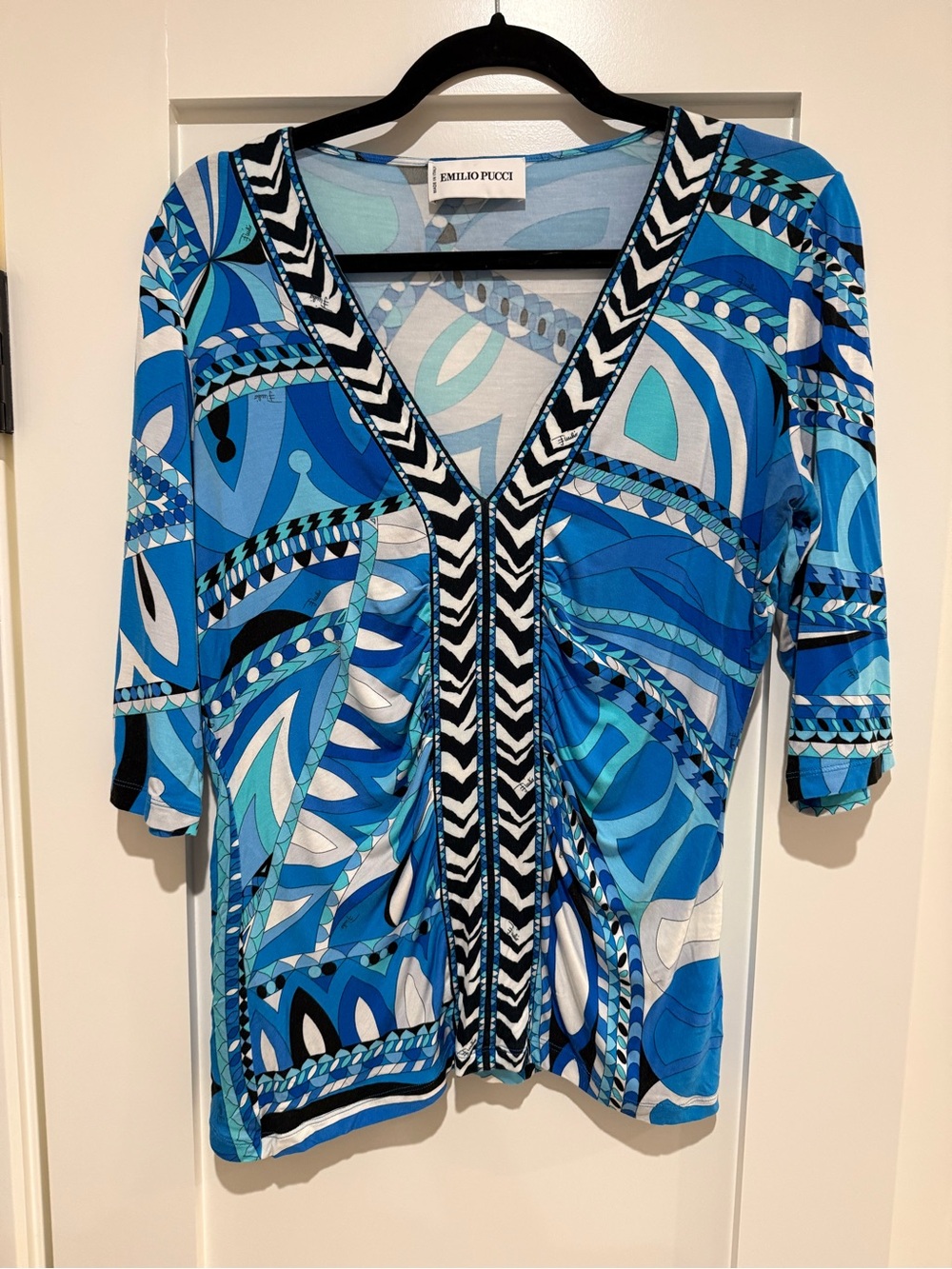 Emilio Pucci Blue Abstract Print V-Neck Ruched Top - Size 14